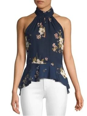 Joie Navy Blue Silk Floral Halter Peplum Top - US 0 (XS)